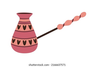 Turkish Coffee Pot Isolated On White Background. Coffee With Love, Coffee Maker,  Flat Vector Cartoon Illustration, Clipart.