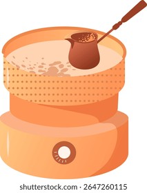 Cafeteira turca na areia quente, com a preparação do café. A cena captura o método tradicional de preparar café ao ar livre