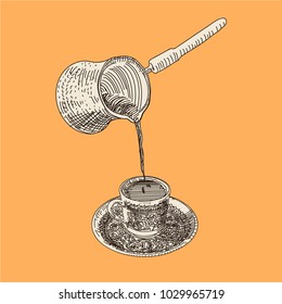 Turkish coffee and coffee pot on yellow background, traditional, isolated