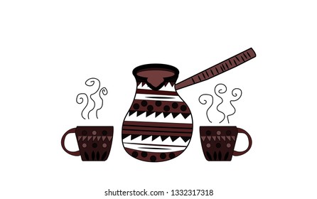 Turkish coffee pot with two small cup near.