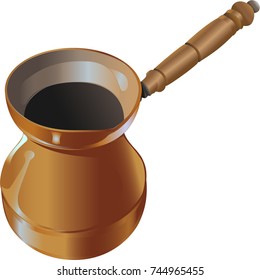 Turkish coffee pot in vector. Copper and wood color with light, blue highlights on the metal part. Pseudo  photo-realistic illustration.