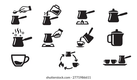 Turkish coffee preparation process icon set with preparation beverage caffeine