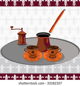 Turkish coffee set with a grinder.