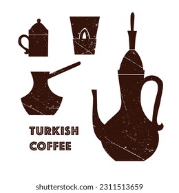 Turkish coffee. Set, vector. East. Teapot, cups. Cafe, restaurant, Arabic ancient traditions. Brown on a white background. Eps10