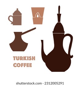 Turkish coffee. Set, vector. Eastern traditions. Teapot, cups. Cafe, restaurant, Arabic culture. Brown, beige on a white background. Eps10