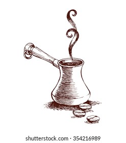 Turkish Coffee,  coffee, sketch of coffee beans, vector drawing, black coffee