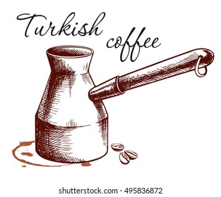 Turkish Coffee, coffee, sketch of coffee beans, vector drawing, black coffee