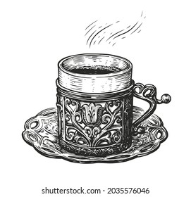 Turkish coffee sketch. Hand drawn cup on a platter. Vintage vector illustration svg