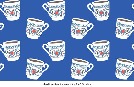 Turkish coffee, traditional small cup seamless pattern. Vector background banner. svg