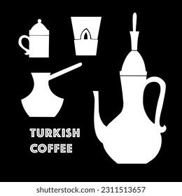 Turkish coffee. Vector images, set. Eastern culture and tradition. Teapot, cups. Cafe, restaurant, coffee shop. White on a black background. Eps10