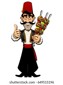 Turkish cook in a traditional costume offers a shish kebab.