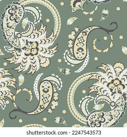 Turkish Cucumber Paisley. Seamless vector pattern in traditional oriental style with flowers, leaves and fantasy elements. Fabric and wallpaper cover