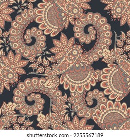 Turkish Cucumber Paisley. Seamless vector pattern in traditional oriental style with flowers, leaves and fantasy elements. Fabric and wallpaper cover