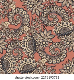 Turkish Cucumber Paisley. Seamless vector pattern in traditional oriental style with flowers, leaves and fantasy elements. Fabric and wallpaper cover