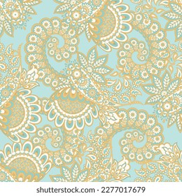 Turkish Cucumber Paisley. Seamless vector pattern in traditional oriental style with flowers, leaves and fantasy elements. Fabric and wallpaper cover