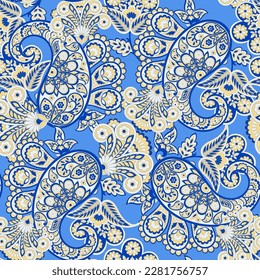 Turkish Cucumber Paisley. Seamless vector pattern in traditional oriental style with flowers, leaves and fantasy elements. Fabric and wallpaper cover