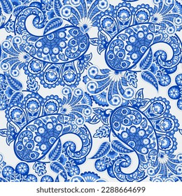 Turkish Cucumber Paisley. Seamless vector pattern in traditional oriental style with flowers, leaves and fantasy elements. Fabric and wallpaper cover