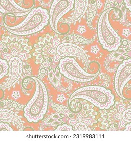 Turkish Cucumber Paisley. Seamless vector pattern in traditional oriental style with flowers, leaves and fantasy elements. Fabric and wallpaper cover