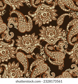 Turkish Cucumber Paisley. Seamless vector pattern in traditional oriental style with flowers, leaves and fantasy elements. Fabric and wallpaper cover