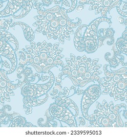 Turco Cucumber Paisley. Patrón vectorial sin foco en el estilo oriental tradicional con flores, hojas y elementos de fantasía. Tejido y tapicería