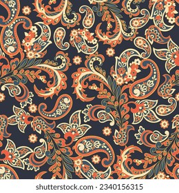 Turkish Cucumber Paisley. Seamless vector pattern in traditional oriental style with flowers, leaves and fantasy elements. Fabric and wallpaper cover