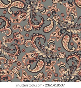 Turkish Cucumber Paisley. Seamless vector pattern in traditional oriental style with flowers, leaves and fantasy elements. Fabric and wallpaper cover