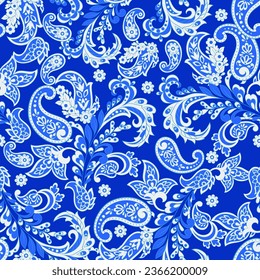 Turkish Cucumber Paisley. Seamless vector pattern in traditional oriental style with flowers, leaves and fantasy elements. Fabric and wallpaper cover