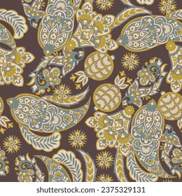 Turkish Cucumber Paisley. Seamless vector pattern in traditional oriental style with flowers, leaves and fantasy elements. Fabric and wallpaper cover