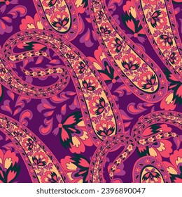 Turkish Cucumber Paisley. Seamless vector pattern in traditional oriental style with flowers, leaves and fantasy elements. Fabric and wallpaper cover