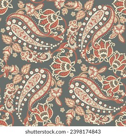 Turkish Cucumber Paisley. Seamless vector pattern in traditional oriental style with flowers, leaves and fantasy elements. Fabric and wallpaper cover