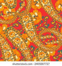 Turco Cucumber Paisley. Patrón vectorial sin foco en el estilo oriental tradicional con flores, hojas y elementos de fantasía. Tejido y tapicería