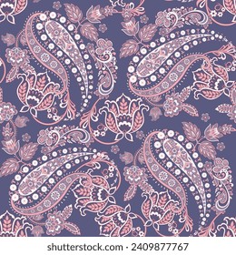 Turkish Cucumber Paisley. Seamless vector pattern in traditional oriental style with flowers, leaves and fantasy elements. Fabric and wallpaper cover