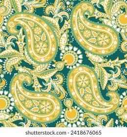 Turkish Cucumber Paisley. Seamless vector pattern in traditional oriental style with flowers, leaves and fantasy elements. Fabric and wallpaper cover