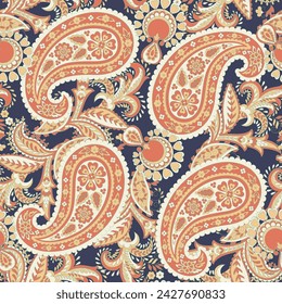 Turkish Cucumber Paisley. Seamless vector pattern in traditional oriental style with flowers, leaves and fantasy elements. Fabric and wallpaper cover