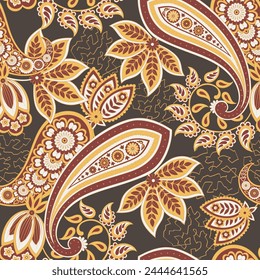 Turkish Cucumber Paisley. Seamless vector pattern in traditional oriental style with flowers, leaves and fantasy elements. Fabric and wallpaper cover