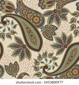 Turkish Cucumber Paisley. Seamless vector pattern in traditional oriental style with flowers, leaves and fantasy elements. Fabric and wallpaper cover