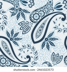 Turkish Cucumber Paisley. Seamless vector pattern in traditional oriental style with flowers, leaves and fantasy elements. Fabric and wallpaper cover