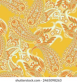 Turkish Cucumber Paisley seamless vector pattern in traditional Oriental style. Decorated with flowers, leaves, and fantasy elements, for fabric, textile and wallpaper covers