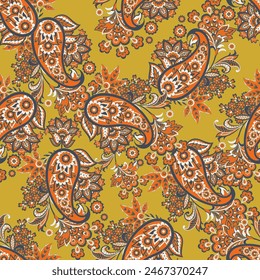 Turkish Cucumber Paisley seamless vector pattern in traditional Oriental style. Decorated with flowers, leaves, and fantasy elements, for fabric, textile and wallpaper covers