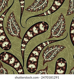 Turkish Cucumber Paisley seamless vector pattern in traditional Oriental style. Decorated with flowers, leaves, and fantasy elements, for fabric, textile and wallpaper covers