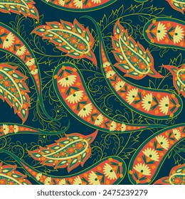 Turkish Cucumber Paisley seamless vector pattern in traditional Oriental style. Decorated with flowers, leaves, and fantasy elements, for fabric, textile and wallpaper covers