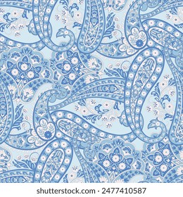 Turkish Cucumber Paisley seamless vector pattern in traditional Oriental style. Decorated with flowers, leaves, and fantasy elements, for fabric, textile and wallpaper covers