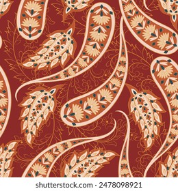 Turkish Cucumber Paisley seamless vector pattern in traditional Oriental style. Decorated with flowers, leaves, and fantasy elements, for fabric, textile and wallpaper covers