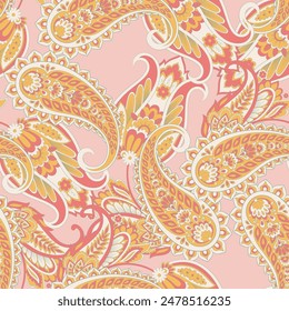 Turkish Cucumber Paisley seamless vector pattern in traditional Oriental style. Decorated with flowers, leaves, and fantasy elements, for fabric, textile and wallpaper covers