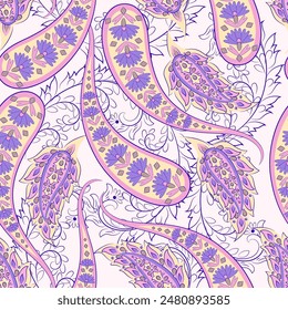 Turkish Cucumber Paisley seamless vector pattern in traditional Oriental style. Decorated with flowers, leaves, and fantasy elements, for fabric, textile and wallpaper covers