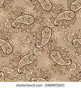 Turkish Cucumber Paisley seamless vector pattern in traditional Oriental style. Decorated with flowers, leaves, and fantasy elements, for fabric, textile and wallpaper covers