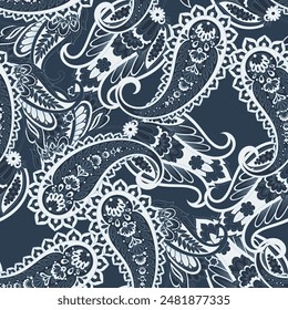 Turkish Cucumber Paisley seamless vector pattern in traditional Oriental style. Decorated with flowers, leaves, and fantasy elements, for fabric, textile and wallpaper covers