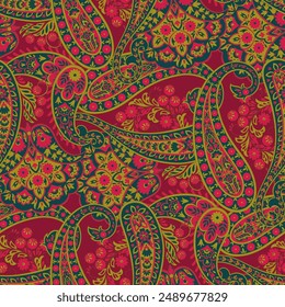 Turkish Cucumber Paisley seamless vector pattern in traditional Oriental style. Decorated with flowers, leaves, and fantasy elements, for fabric, textile and wallpaper covers