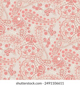 Turkish Cucumber Paisley seamless vector pattern in traditional Oriental style. Decorated with flowers, leaves, and fantasy elements, for fabric, textile and wallpaper covers