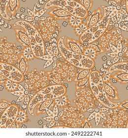 Turkish Cucumber Paisley seamless vector pattern in traditional Oriental style. Decorated with flowers, leaves, and fantasy elements, for fabric, textile and wallpaper covers